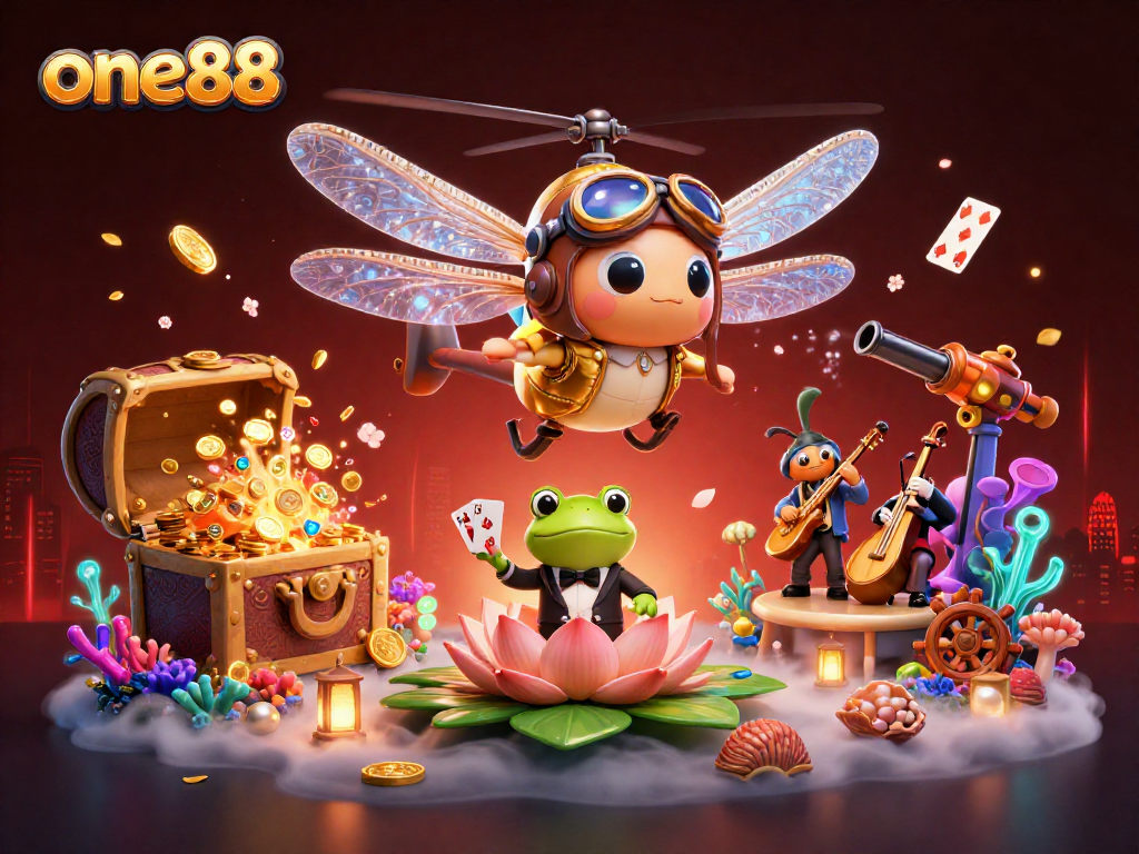 Experience thrilling gameplay at one88 with a lively 3D scene of a dragonfly pilot and frog dealer.