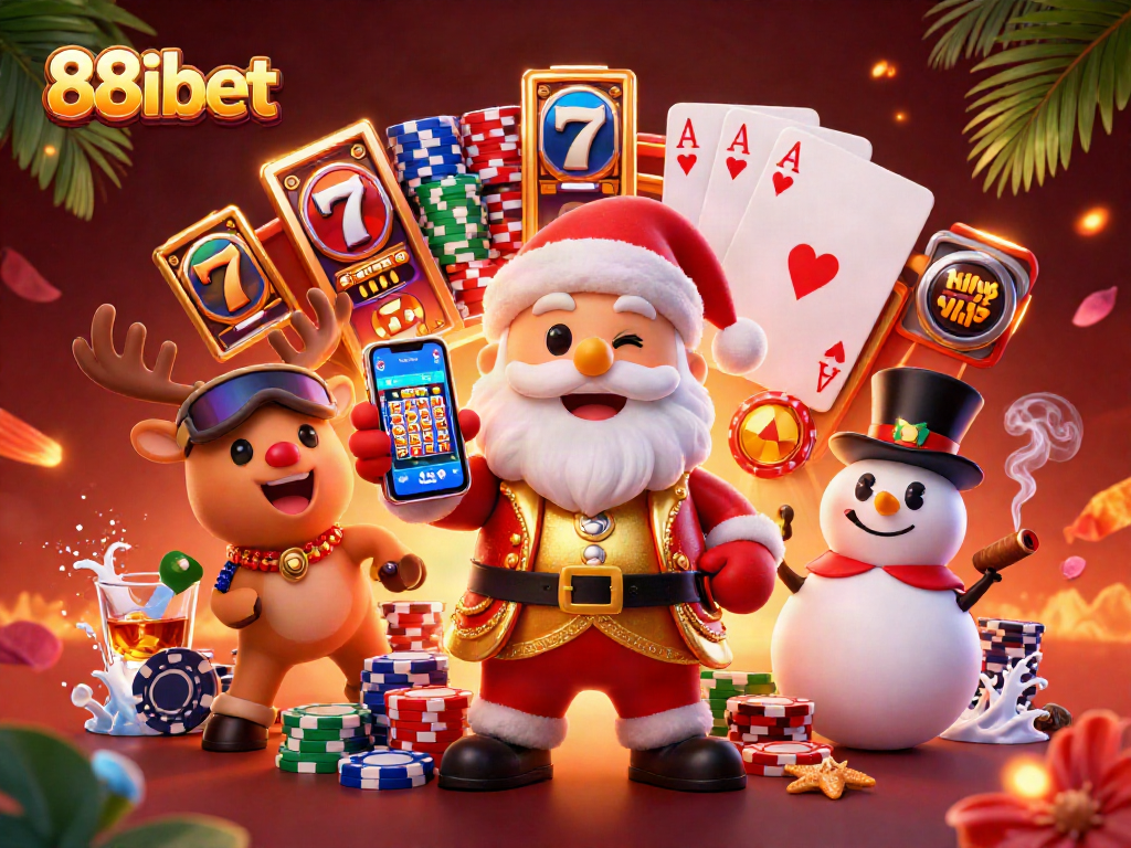 Experience the excitement of playing slots at 88ibet with a festive scene featuring Santa, reindeer, and snowman.