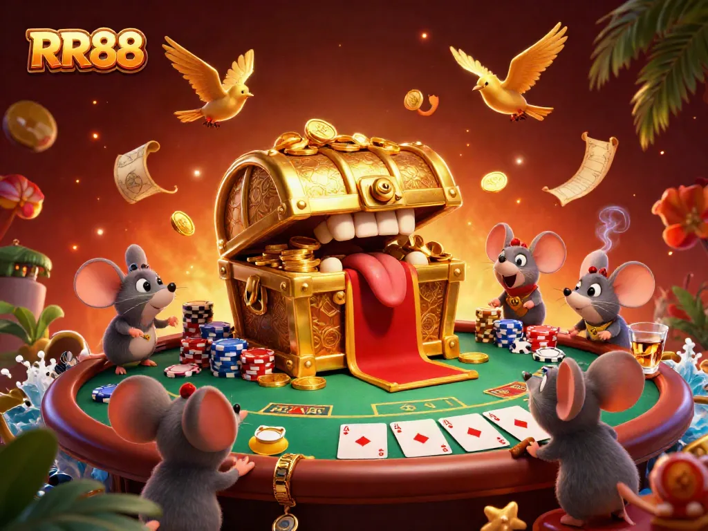 Experience the thrill of RR88 with this dynamic casino illustration featuring a treasure chest and poker elements.