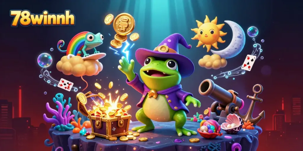 Win big with 78winnh as a weather wizard conjures golden coins amidst vibrant casino elements.