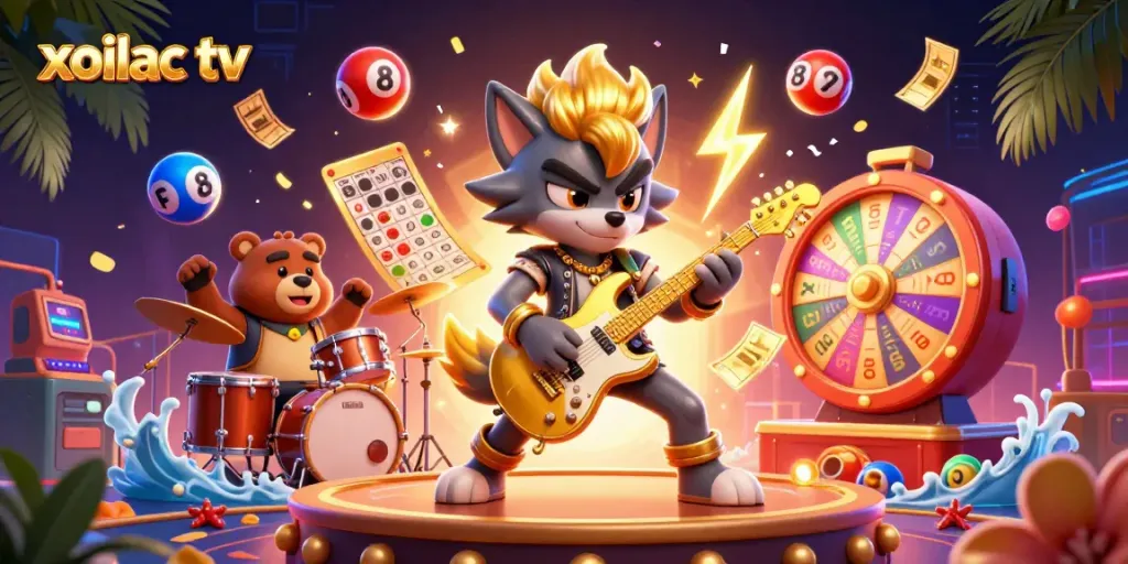 Experience exciting moments with xoilac tv featuring a vibrant 3D casino scene with action-packed characters and game elements.