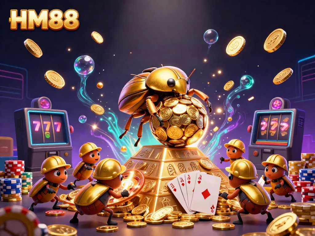 Experience the thrill of HM88 with a cartoon beetle collecting golden coins in a vibrant casino scene.