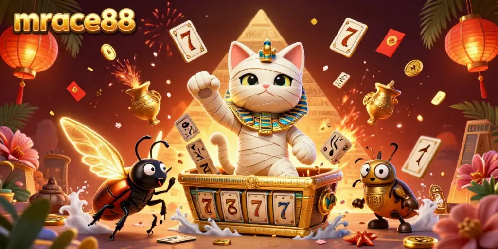 Experience the thrill of mrace88 with a mummy cat and glowing scarab in an exciting casino setting.