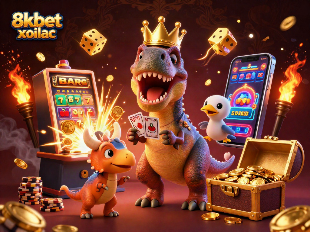 Experience thrilling gameplay with 8xbet xoilac as a T-Rex shuffles cards amidst a jackpot explosion.
