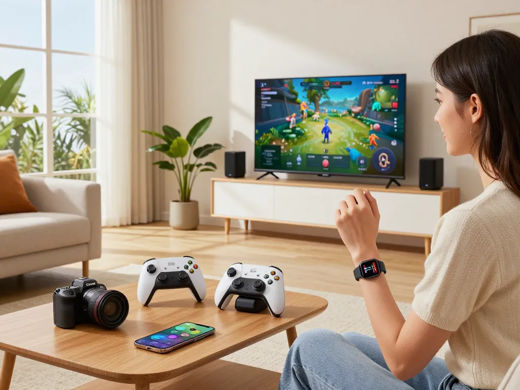 Engaging with trending tech gadgets in a bright living room showcasing the latest Bluetooth devices.