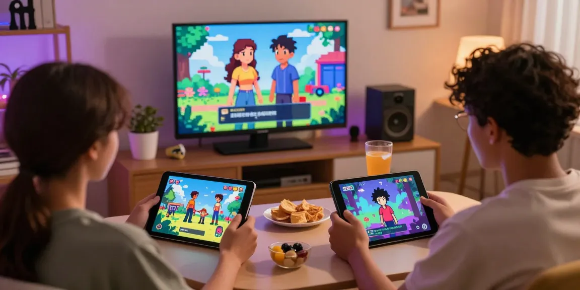 Interactive scene of players enjoying hentaigames on mobile devices, showcasing vibrant animation and storytelling.