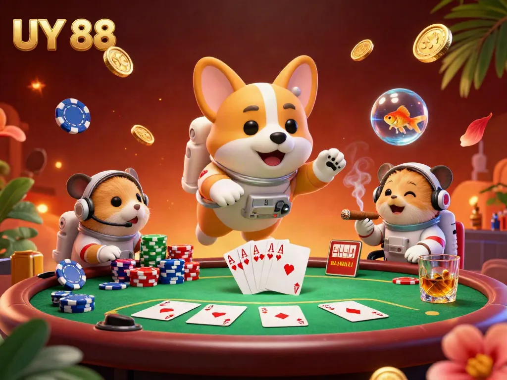 Spin the reels and win with UY 88, a dynamic 3D space casino featuring poker coins, festive atmosphere, and vibrant characters.