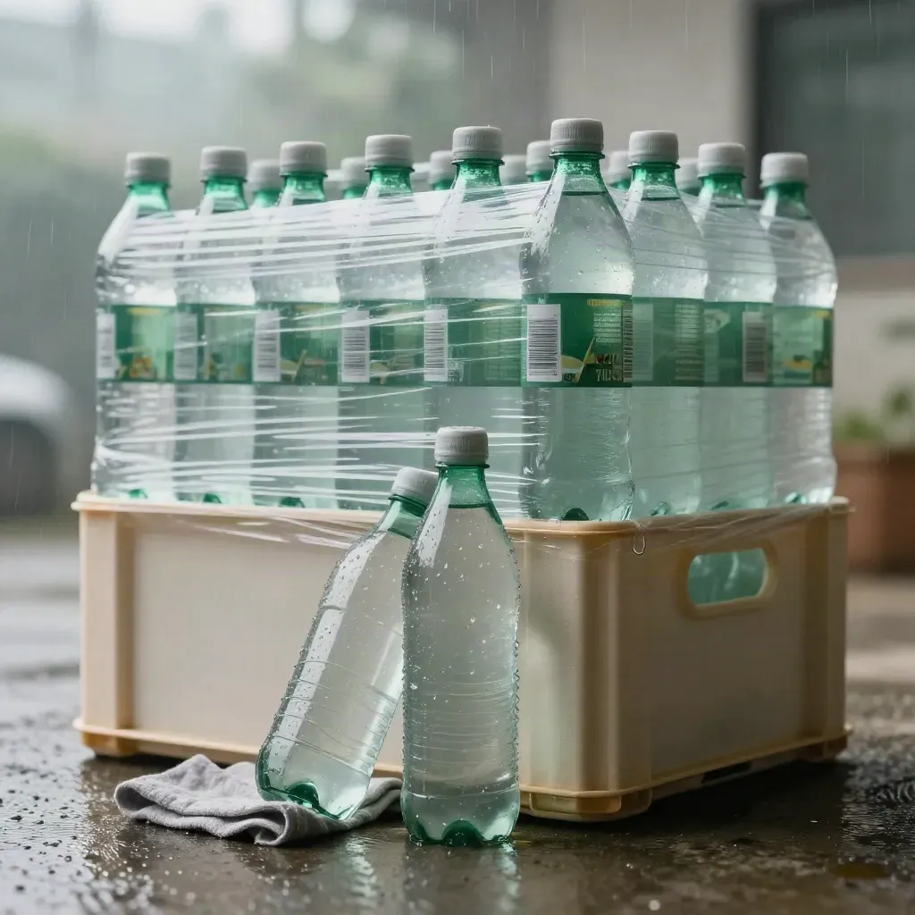 Pek botol air mineral lutsinar dengan titisan embun, kain basah dan peti pucat di suasana pagi selepas hujan.