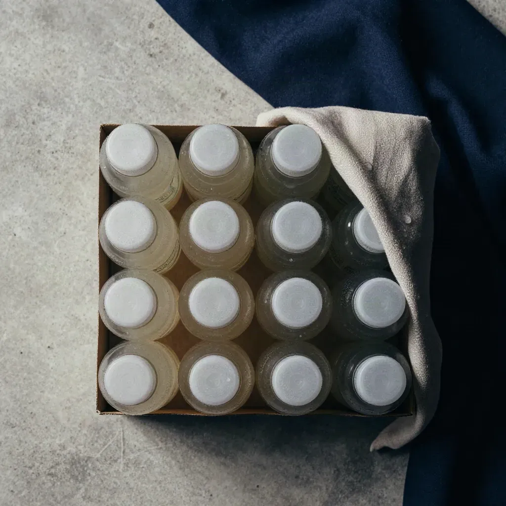 Flat lay atas batu basah, pek 12 botol minuman sukan berkabus dengan kain linen lembap.