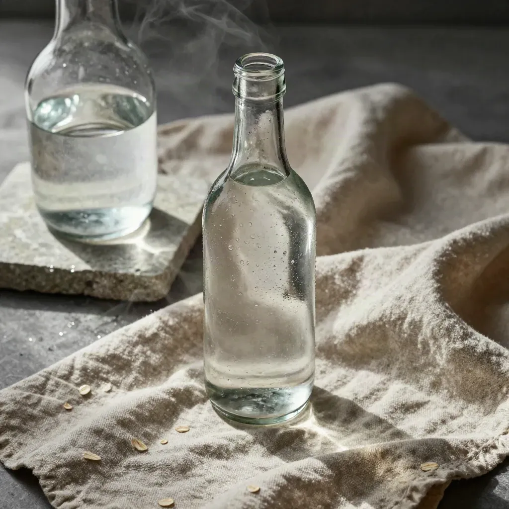 Botol air mineral berbalut linen, jag kaca dan batu, dengan wap lembut suasana tenang.