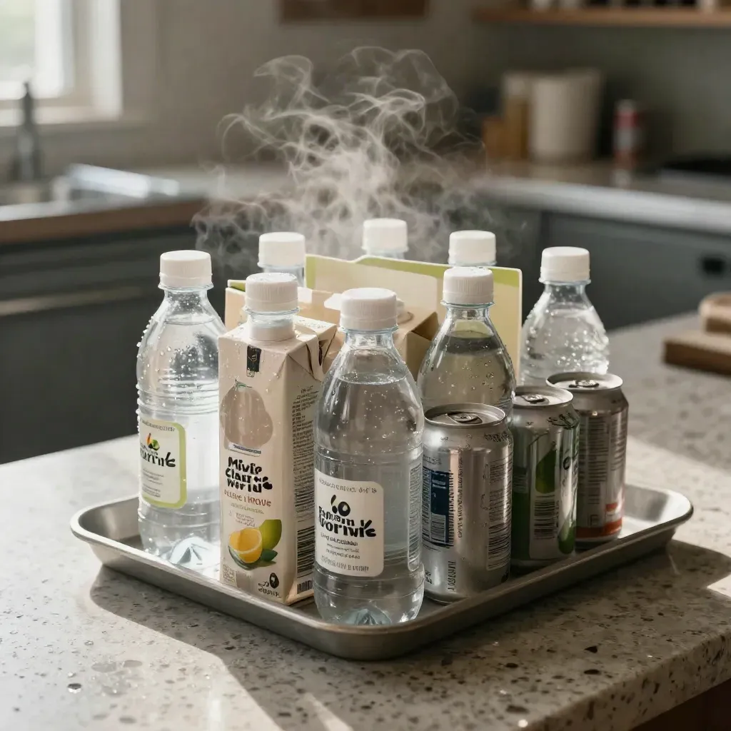 Pek minuman campuran dalam dulang penghantaran dengan wap ais dan cahaya lembut.