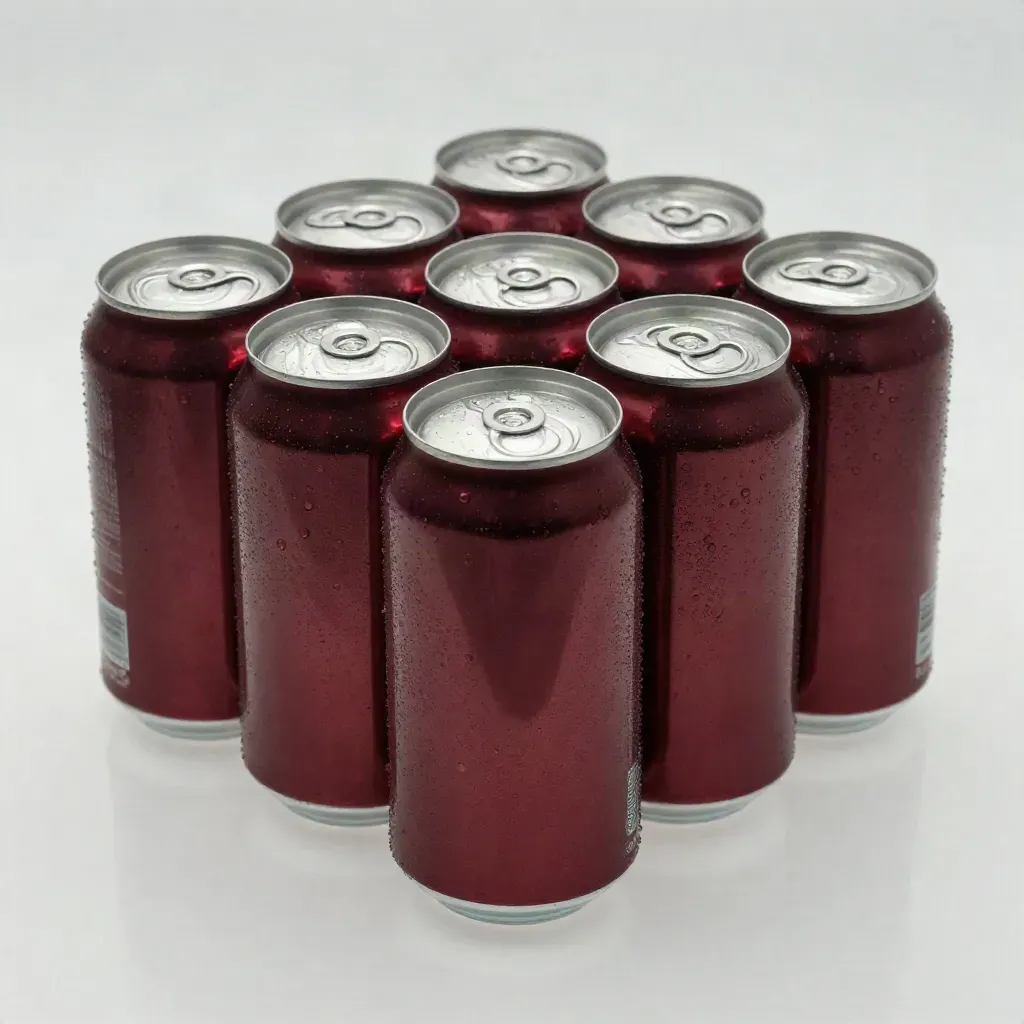 Pek tin cola 24 biji merah ceri dengan satu tin di depan di latar pucat berkilau.
