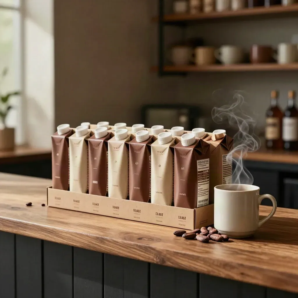 Kotak malt coklat 24 pek dengan cawan seramik dan biji koko di studio.