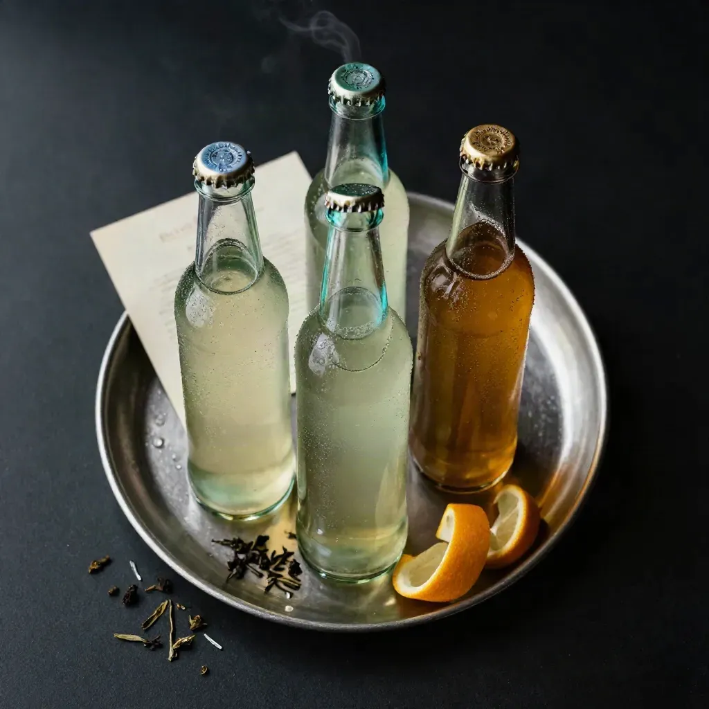 Bot teh soda limau di atas dulang logam dengan kulit limau dan wap segar.