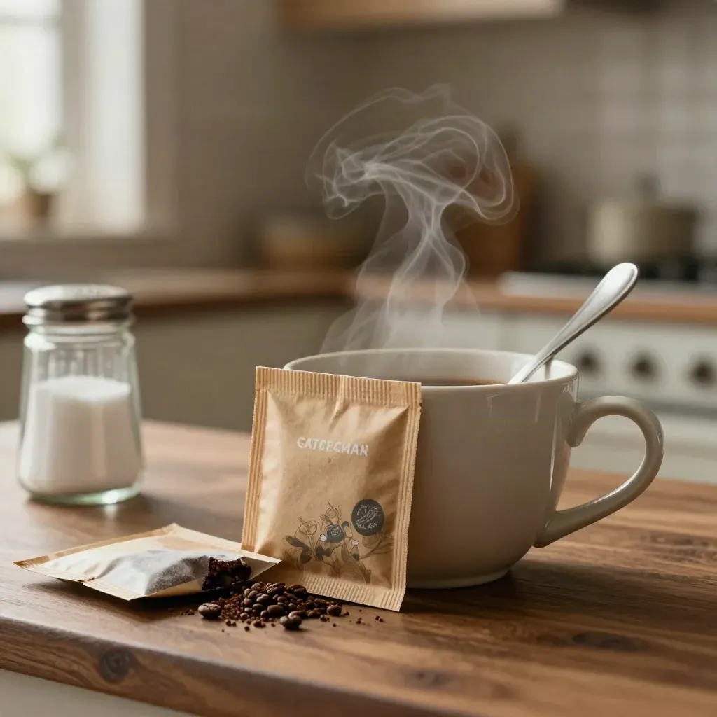 Sachet kopi segera, cawan seramik, sudu dan balang gula di meja sarapan kayu.