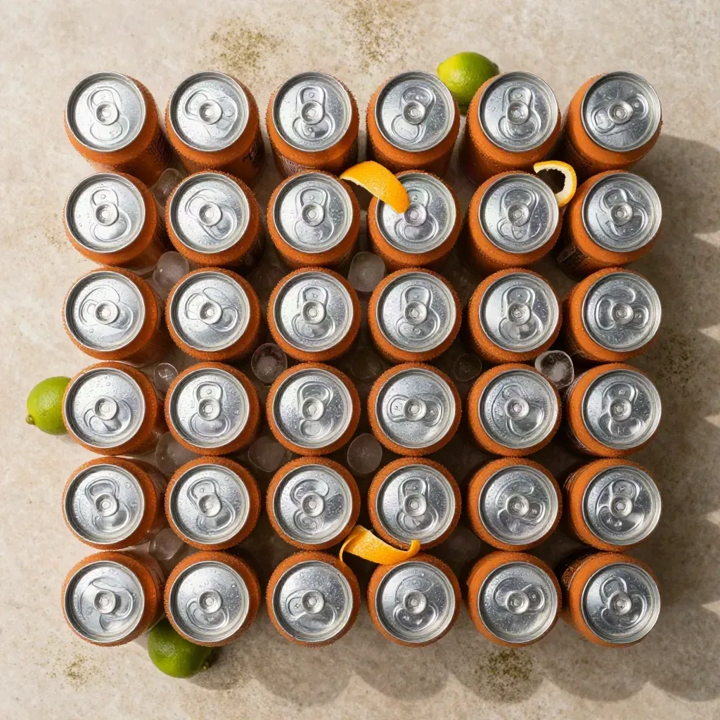 Pandangan atas 24 tin soda oren tersusun grid dengan kulit limau dan ketulan ais di atas batu.