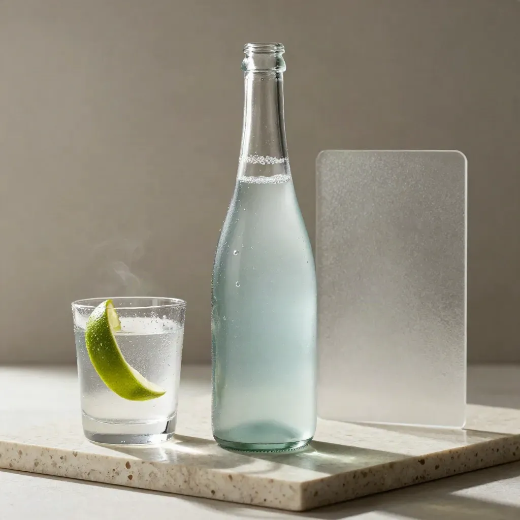Botol air berkarbonat jernih dengan gelas sejuk dan kulit limau di atas travertin pucat.