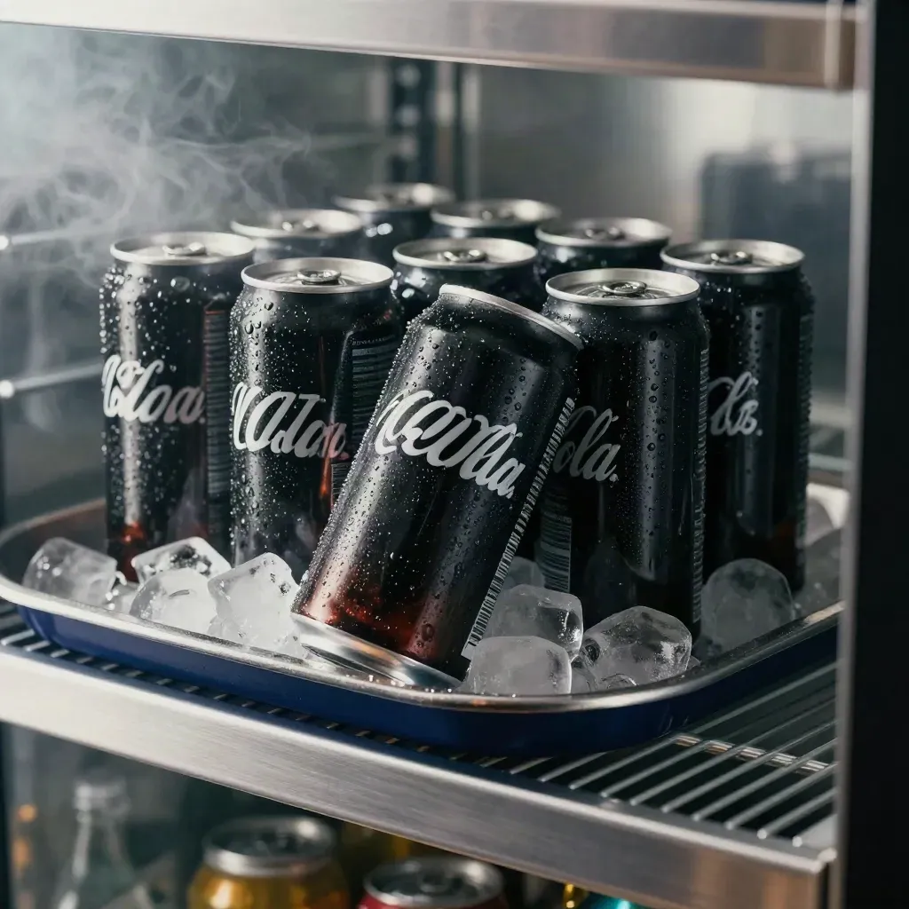 Pek 12 tin kola zero gula di atas dulang logam sejuk dengan wap dingin.
