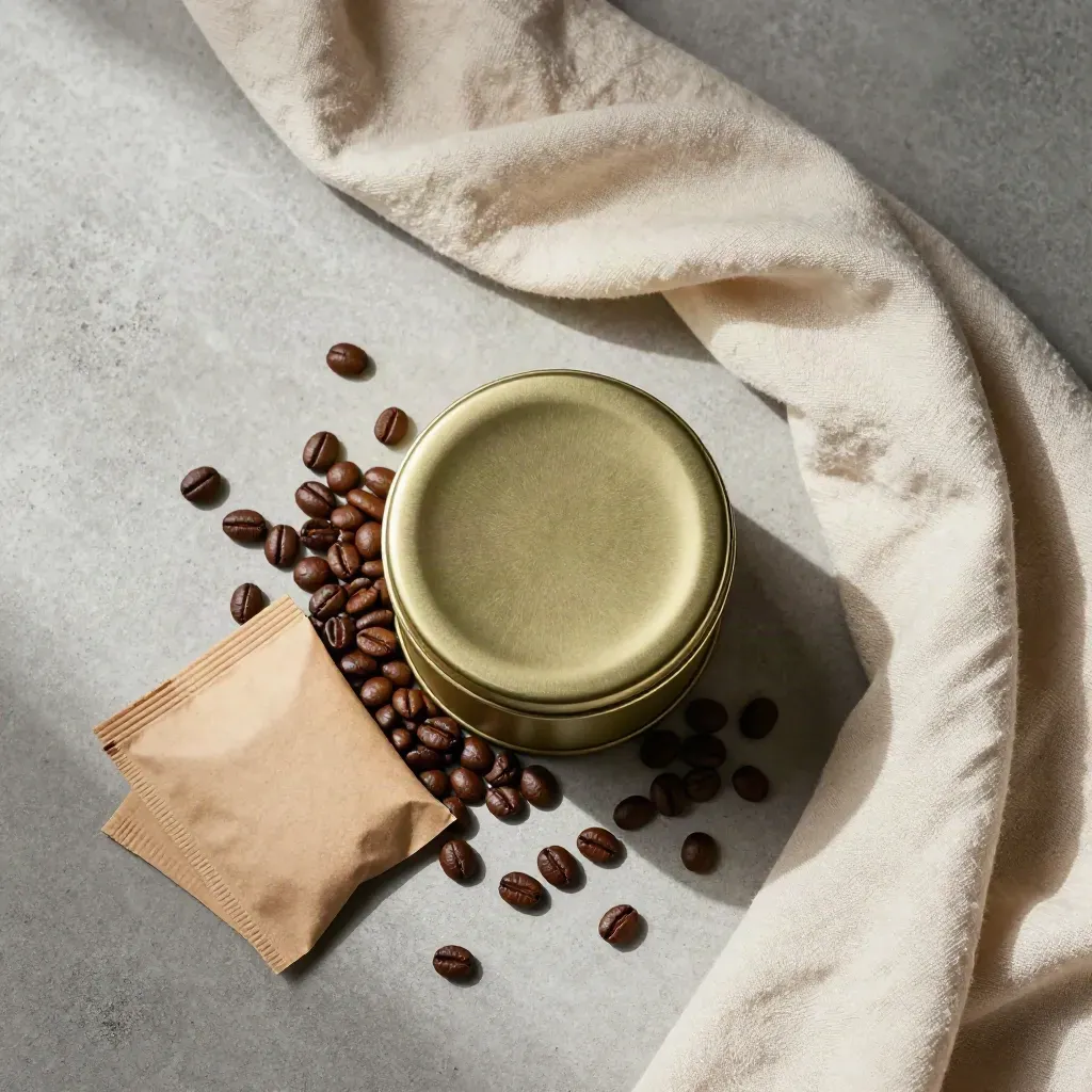 Susun atasan tin kopi emas, biji kopi, kertas sachet dan kain krim di atas konkrit cerah.