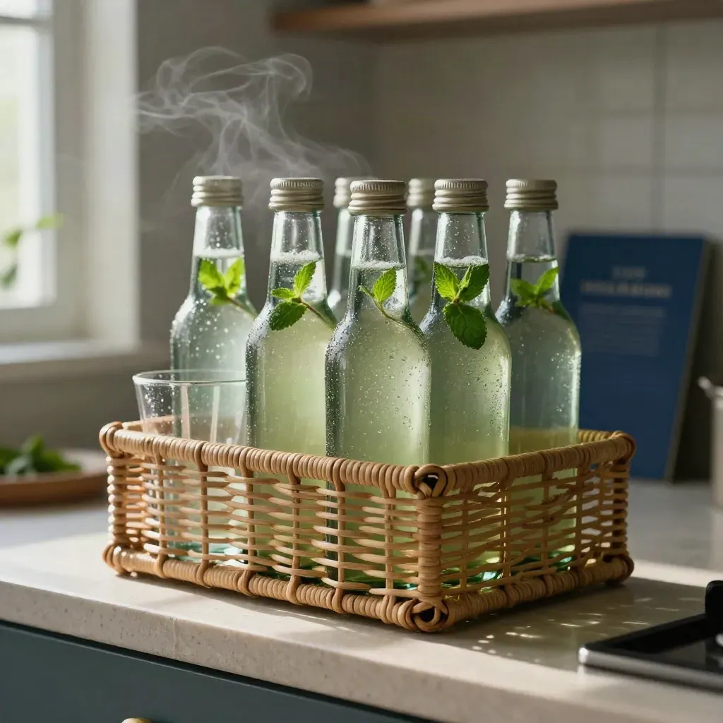 Enam botol teh hijau dalam bakul anyaman, daun pudina dan gelas lutsinar di pantri pagi.