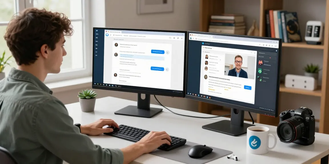 Using Telegram Web on dual monitors in a stylish home office setup, showcasing a productive workspace.
