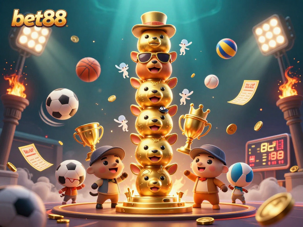 Engage with the thrilling world of bet88 showcasing a vibrant 3D casino scene filled with dynamic sports elements.