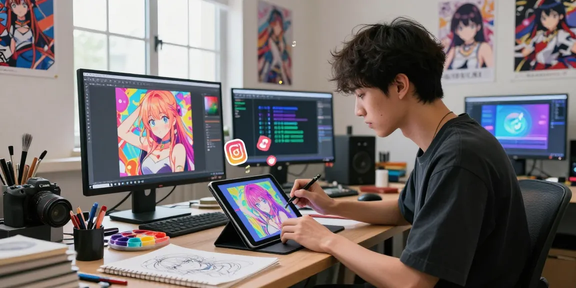 Artist creating AI ecchi images in a vibrant digital studio, immersed in creativity and innovation.