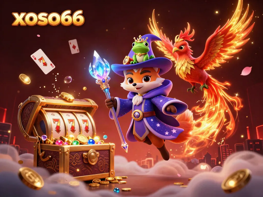 Experience exciting gameplay with xoso66 featuring a wizard fox and a phoenix amidst a glamorous casino scene.