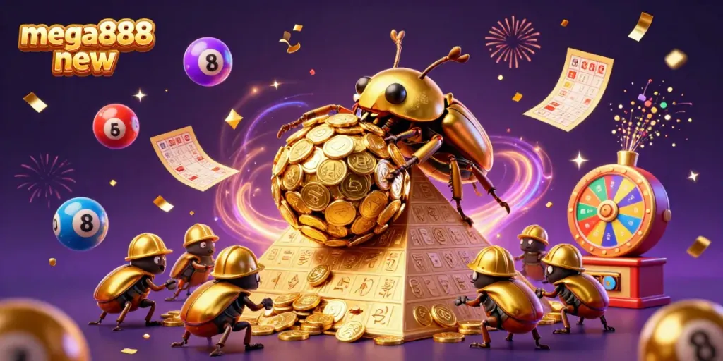 Experience mega888 new as a golden beetle rolls coins amidst vibrant lottery elements and casino symbols.