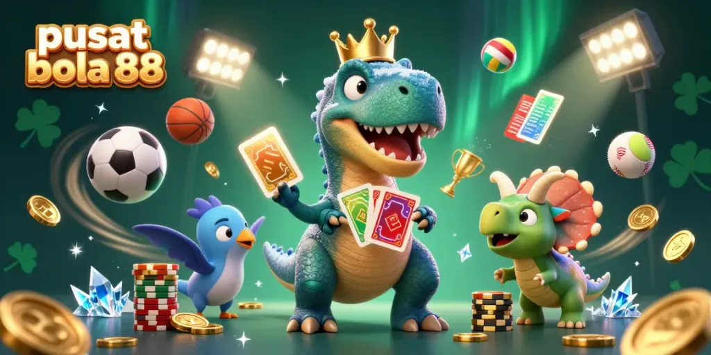 Engage in exciting moments at pusat bola 88 with a T-Rex shuffling cards and friends stacking golden chips.