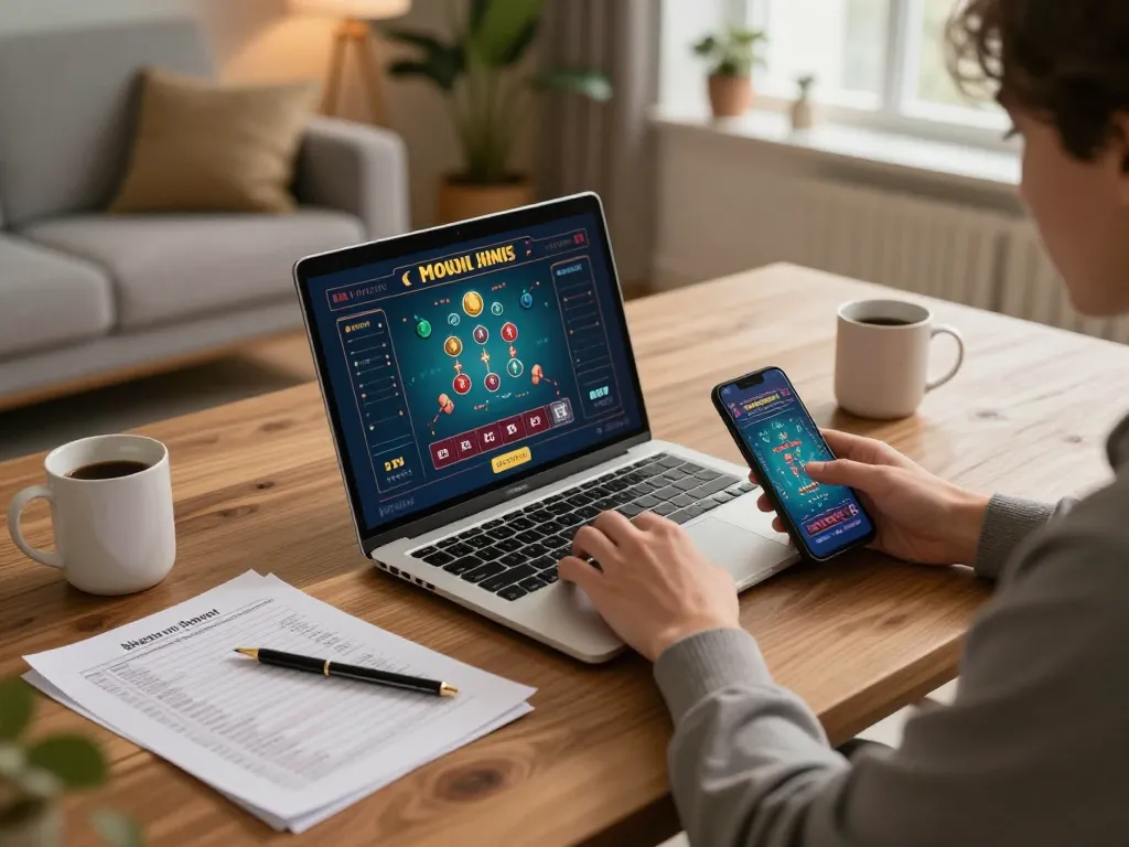 Engaged player enjoying online casino games with ZOWIN using laptop and smartphone at home