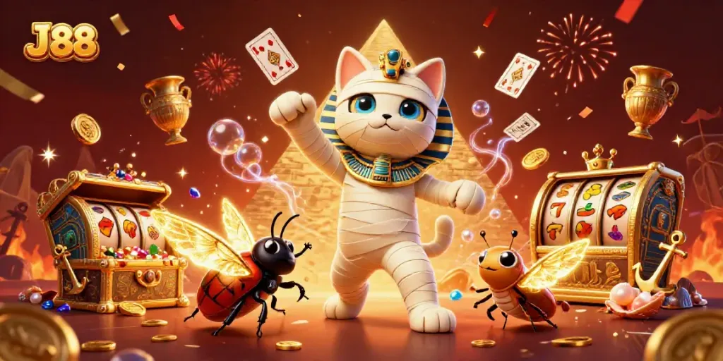 Experience the thrill of winning with J 88 in this vibrant, dynamic casino scene featuring a mummy cat and slot games.