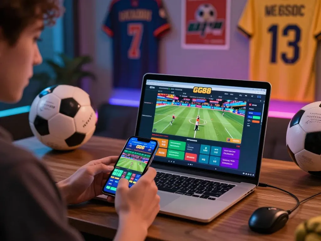 Person betting on sports using GG88 app, showcasing an engaging online gambling environment with modern aesthetics.