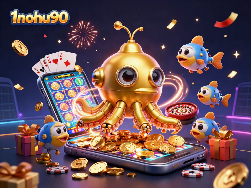 Experience excitement at 1nohu90 with the golden kraken and vibrant casino elements