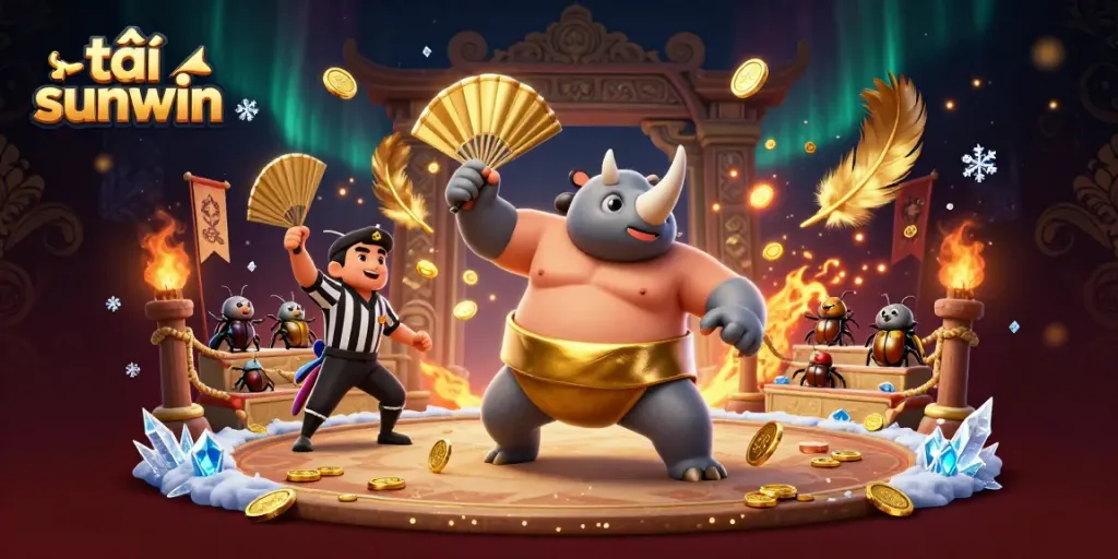 Experience the excitement of tải sunwin with a vibrant 3D beetle wrestling scene filled with gold coins and dynamic action!