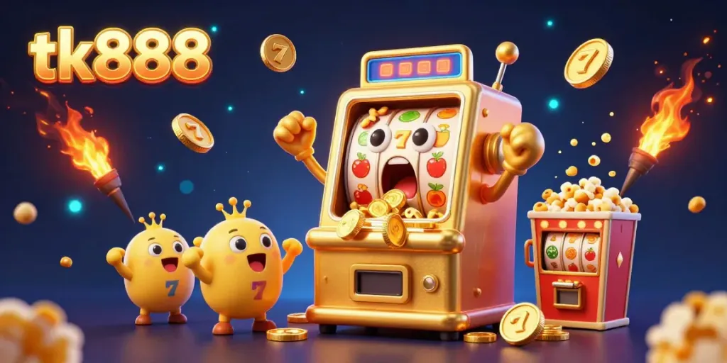Spin to win with tk888's golden slot machine celebrating a jackpot alongside cheering companions.