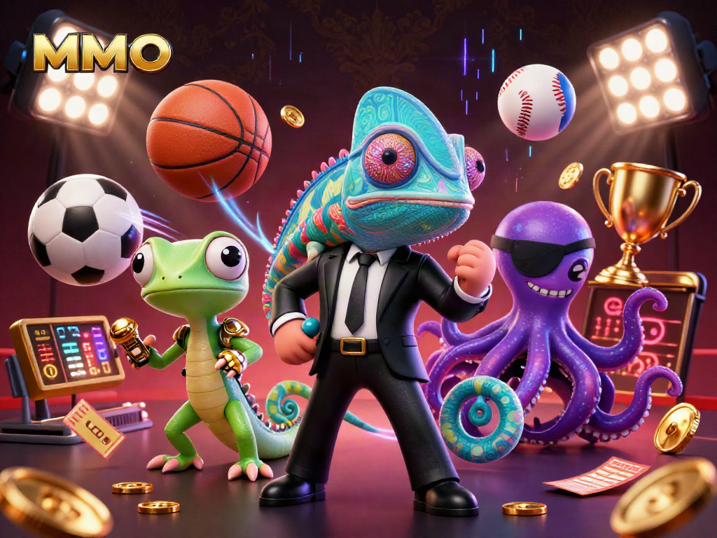 MMOO inspires strategic play in an action-packed casino scene featuring vibrant characters and sports elements.