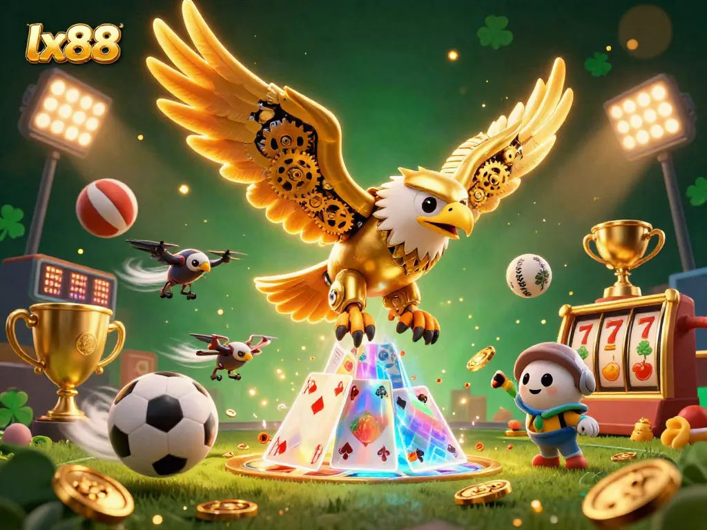Experience thrilling gameplay with lx88 in a vibrant 3D casino-themed illustration filled with action.