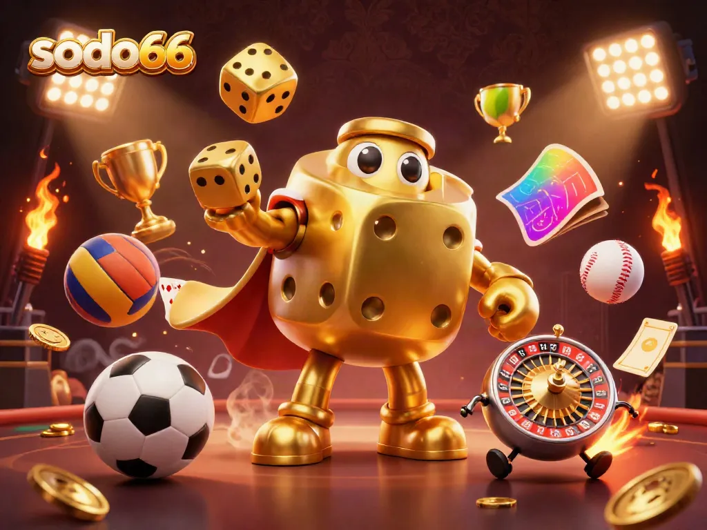 Experience winning at sodo66 with a dynamic casino scene featuring golden dice juggling and sports elements.