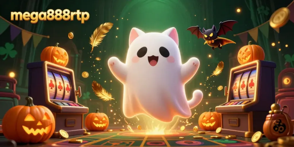 Engage with mega888rtp as a ghost cat and bat explore a haunted casino scene with vibrant energy.