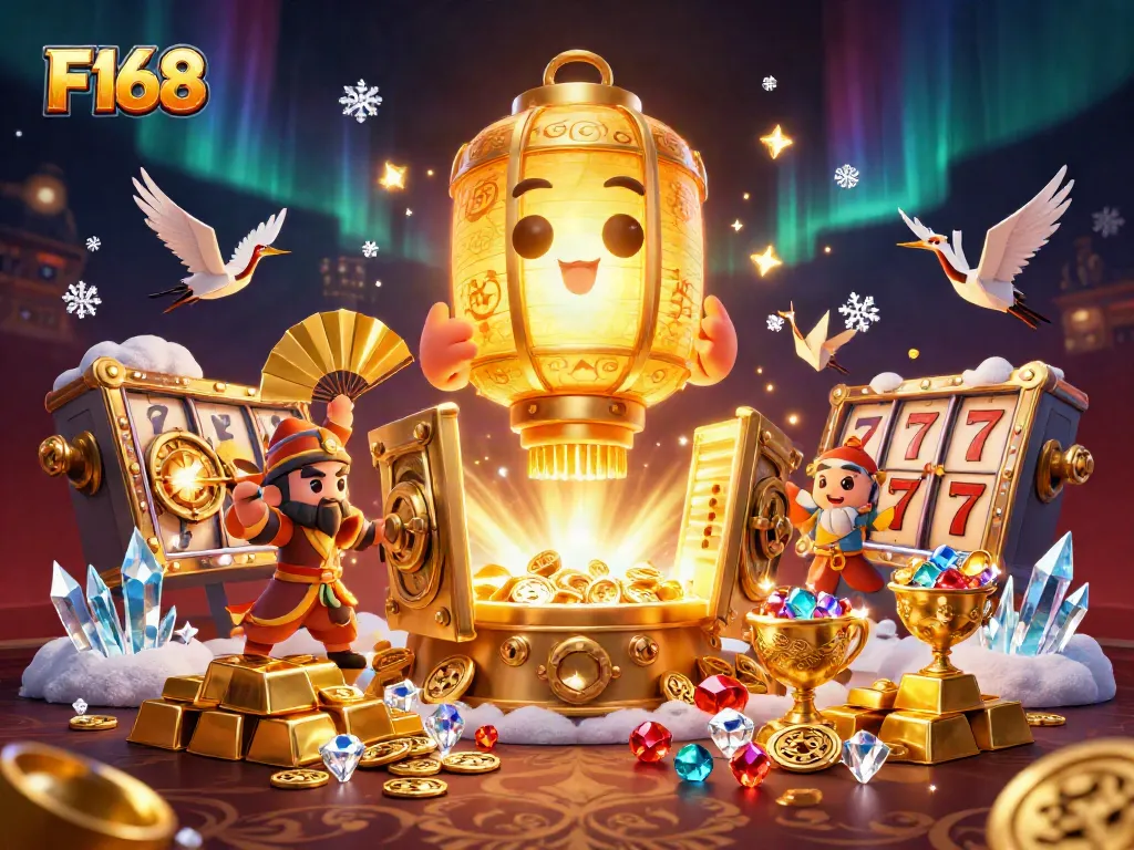 Experience the thrill of F168 with vibrant slot reels, glowing treasure, and dynamic gaming elements.