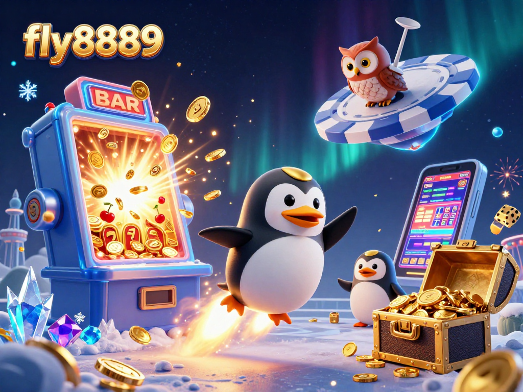 Experience the thrill of winning at fly8889 with a vibrant 3D scene featuring a golden penguin, jackpot slot, and colorful casino elements.