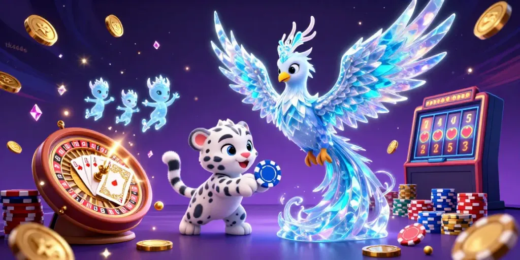 Experience dynamic gaming activities at tk444s with a vibrant casino scene including an ice phoenix and sparkling prizes.