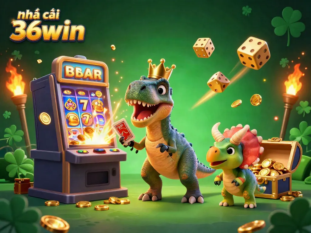 The T-Rex deals cards at Nhà cái 36win casino while golden chips and dices scatter around.