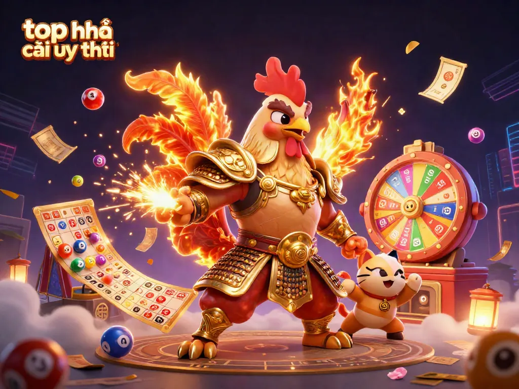 Experience top nhà cái uy tín with a vibrant scene of a fighting rooster and dragon in dynamic casino elements.