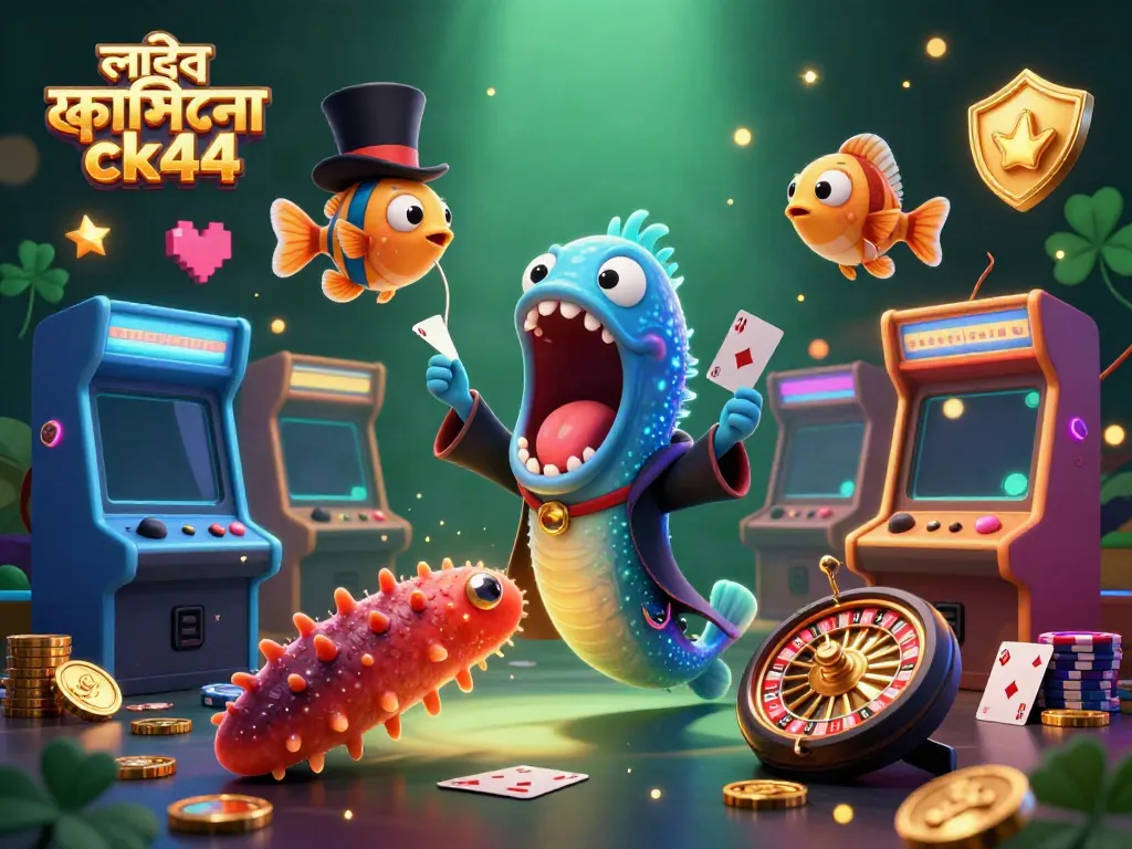 Experience the thrill of লাইভ ক্যাসিনো ck44 with enchanting 3D illustration of an eel magician and casino elements.