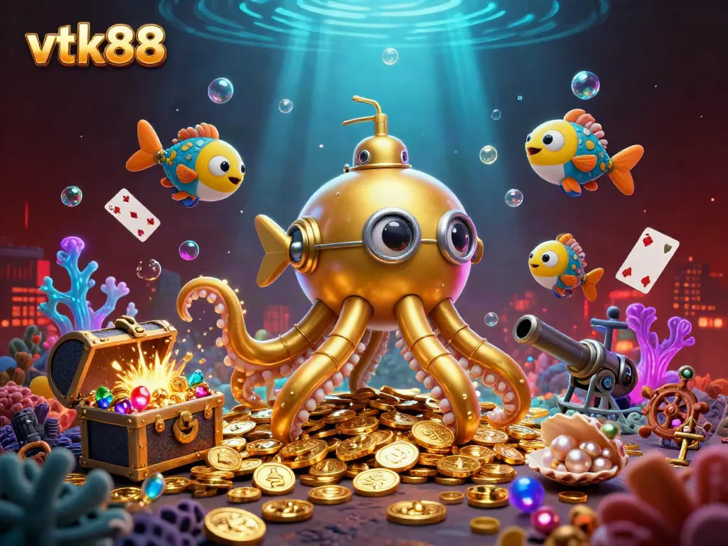 Engage in thrilling gameplay at vtk88 with a 3D kraken submarine amidst treasure-filled underwater action.
