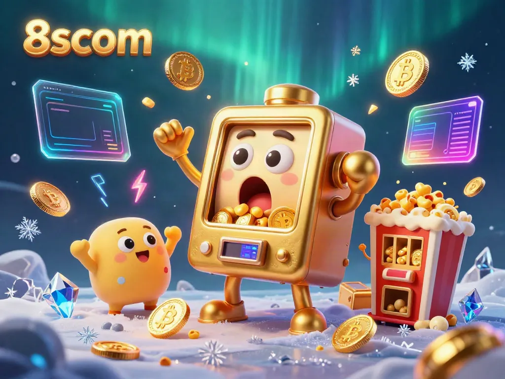 Win big at 8scom with a golden slot machine in a vibrant casino scene filled with cryptocurrency elements.