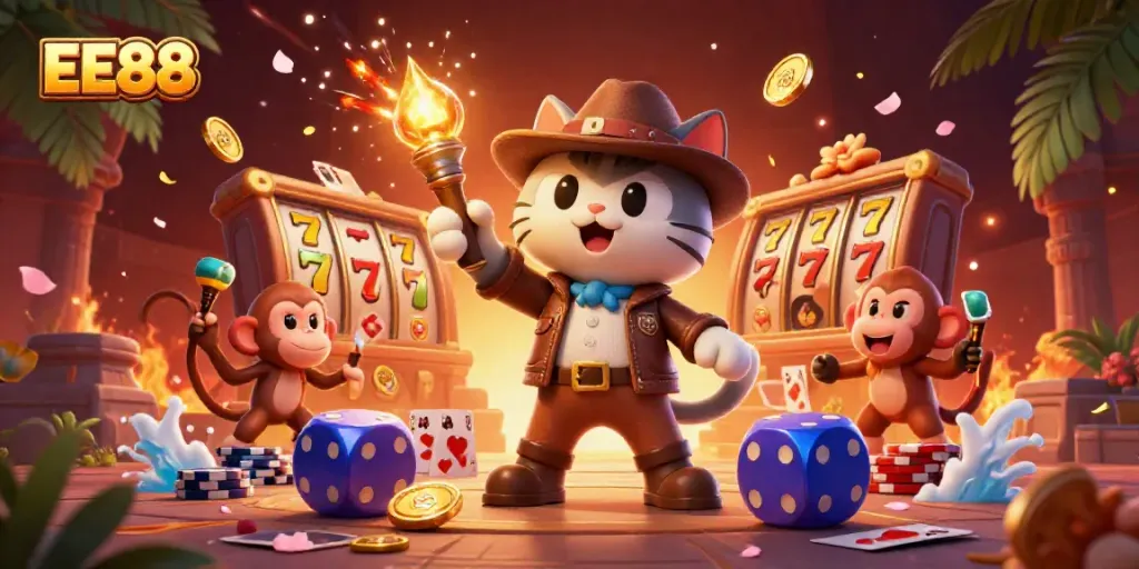 EE88 showcasing a thrilling casino adventure with slot reels and a dynamic explorer