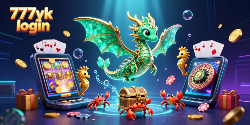 Immerse in the excitement of 777yk login with a vibrant 3D scene featuring a sea dragon, slots, and treasure!